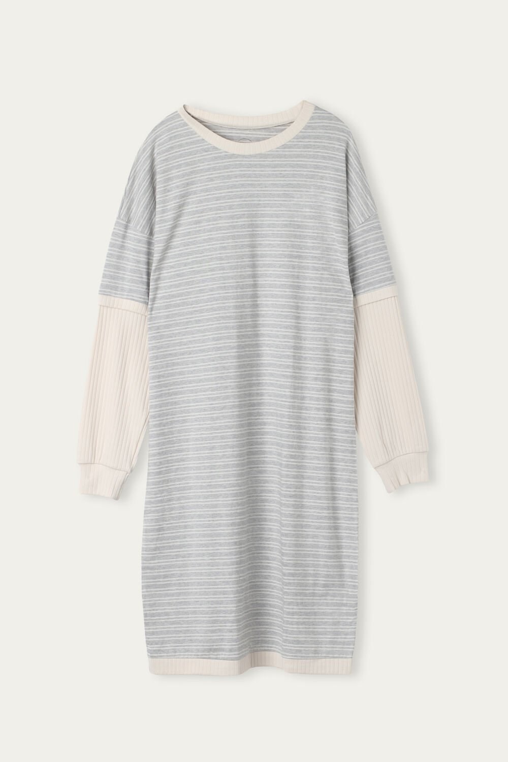 White - 224j - Heather Gray / Vanilla Beige Stripe Intimissimi Casual Sunday Long Sleeve Nightshirt | DVMCU4675