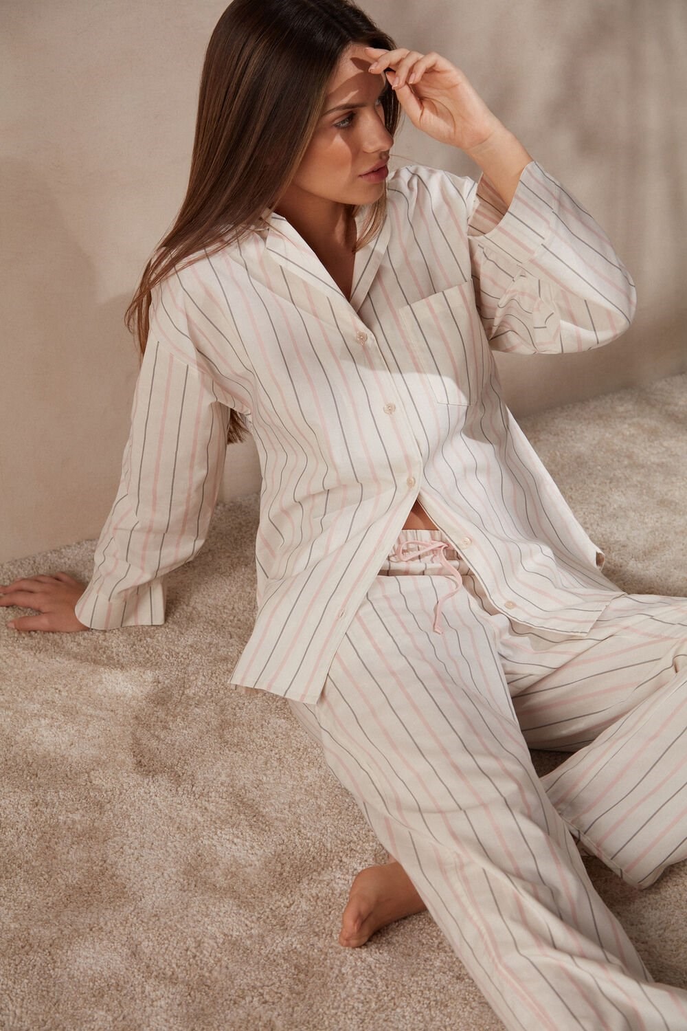 White - 225j - Ecru Beige / Pink Stripe Intimissimi Soft Spring Long Sleeve Button-Up Shirt | MTLBP7934