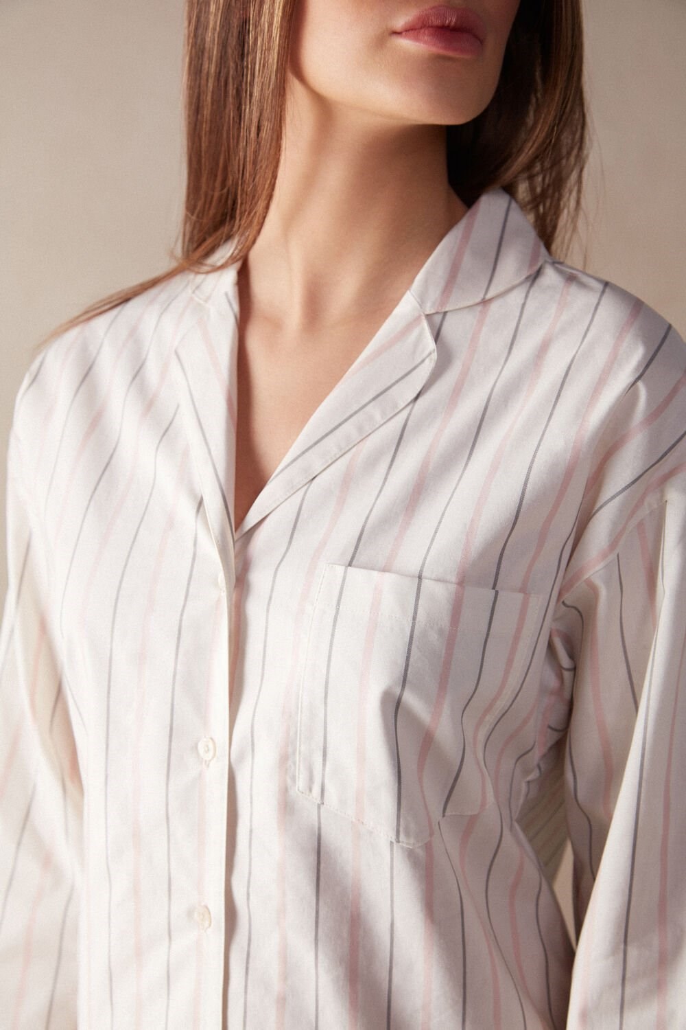 White - 225j - Ecru Beige / Pink Stripe Intimissimi Soft Spring Long Sleeve Button-Up Shirt | MTLBP7934