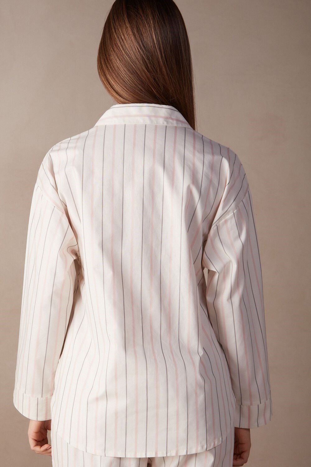 White - 225j - Ecru Beige / Pink Stripe Intimissimi Soft Spring Long Sleeve Button-Up Shirt | MTLBP7934