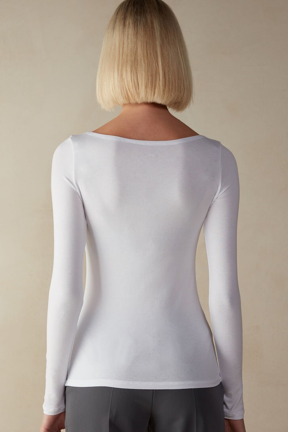 White - 7478 - Milk White Intimissimi Long Sleeve Bateau Neck Top in Micromodal | XHLSE1029