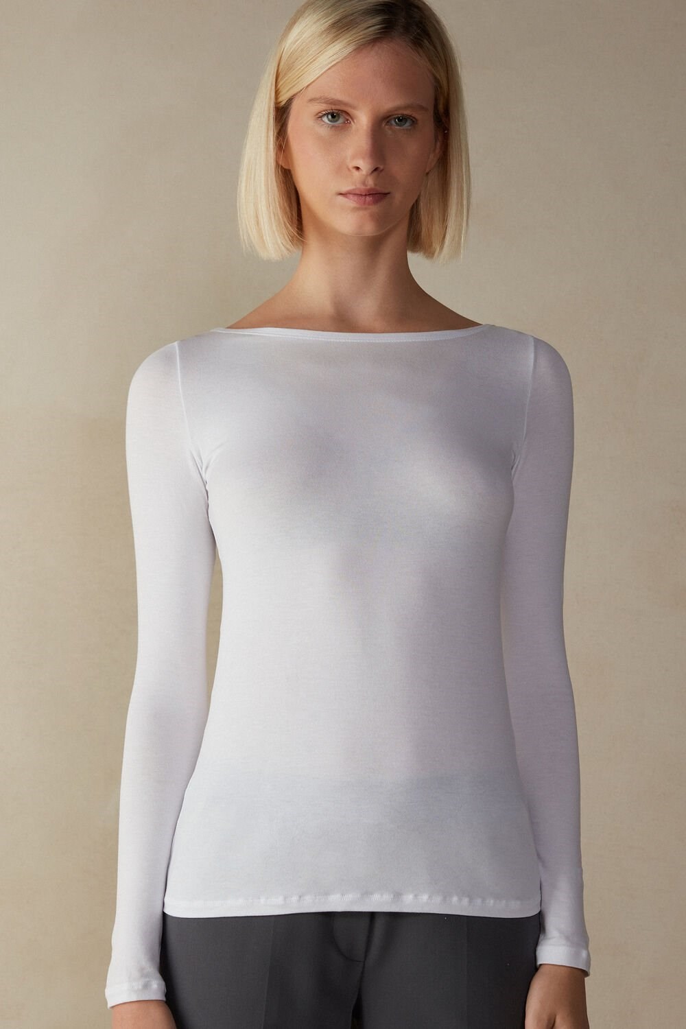 White - 7478 - Milk White Intimissimi Long Sleeve Bateau Neck Top in Micromodal | XHLSE1029