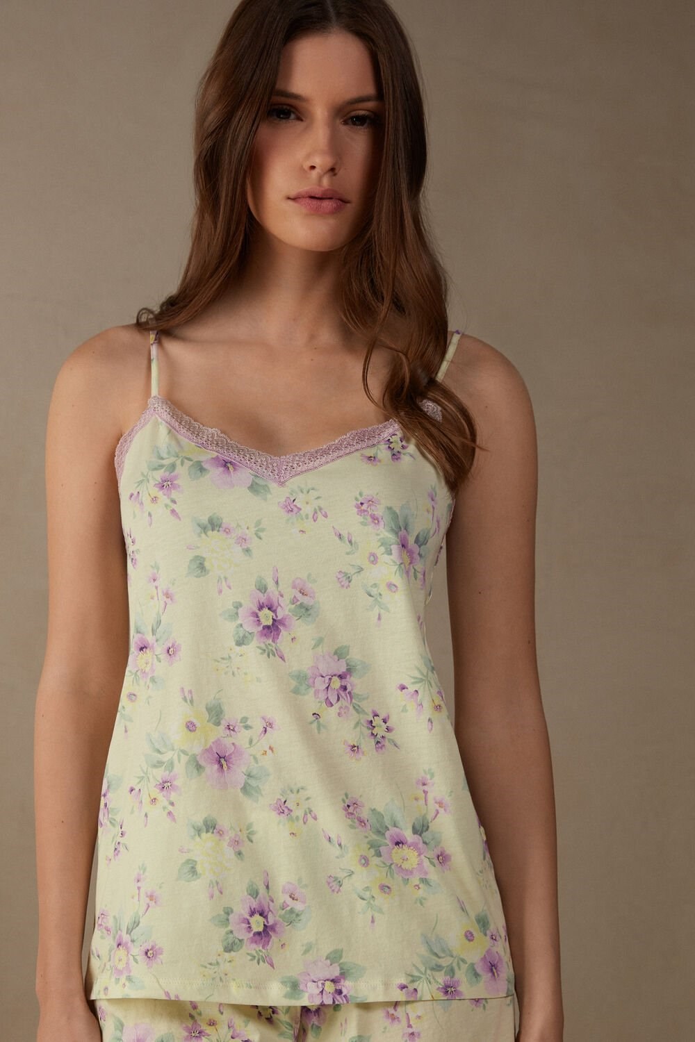 Yellow - 870i - Pastel Yellow Floral Print Intimissimi Flower Power Top in Supima® Ultrafresh Cotton | MOQIS5039