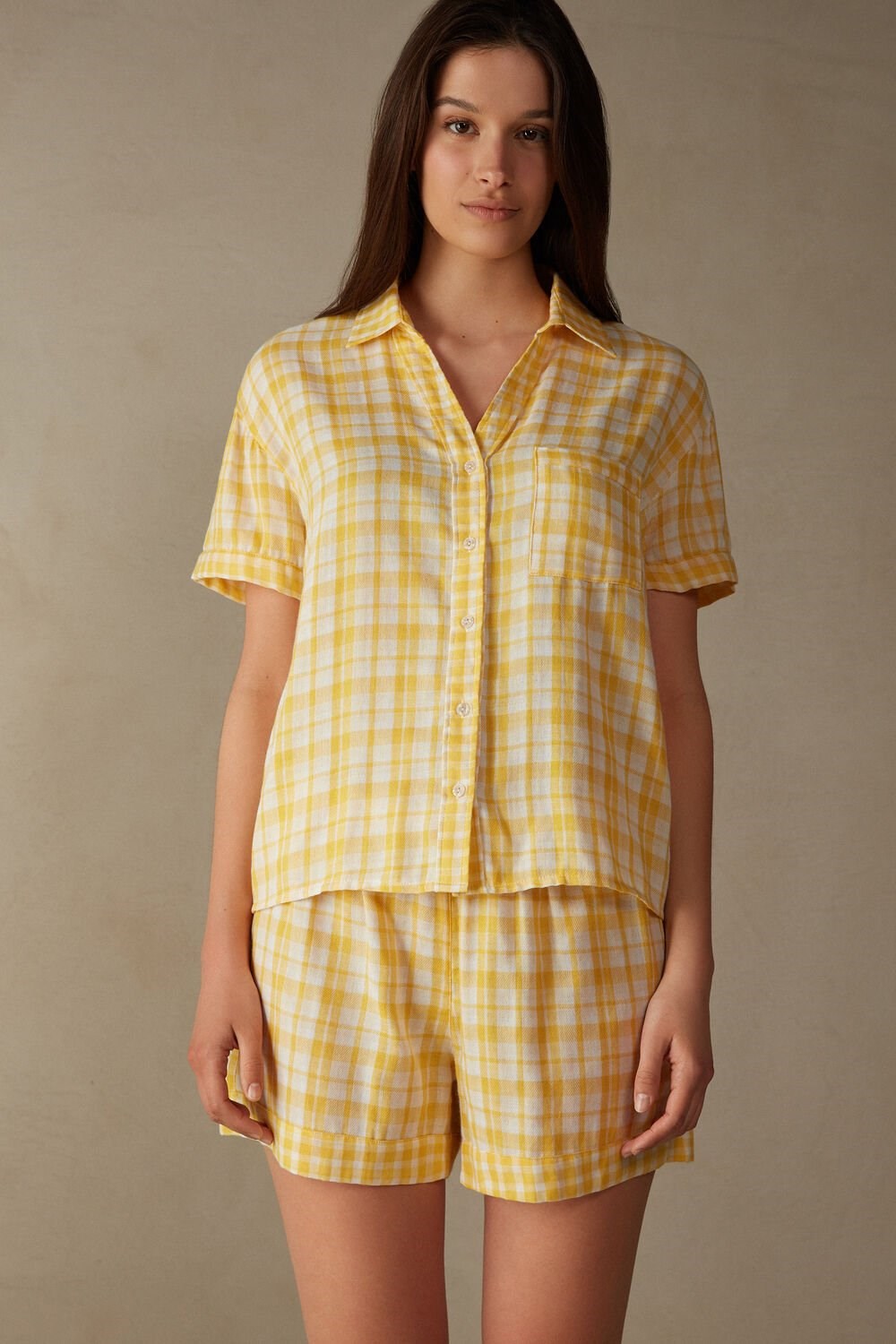 Yellow - 909i - Yellow Tartan Intimissimi Yellow Submarine Short Sleeve Top | FJKEM0827